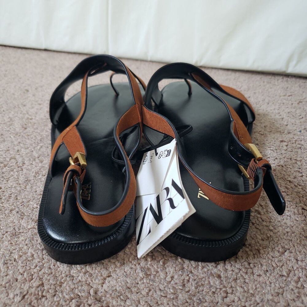 Zara Nwt Suede Leather Slide Strappy Sandals Toe Loop Metal Buckle Sz 6.5 Brown - Picture 8 of 13
